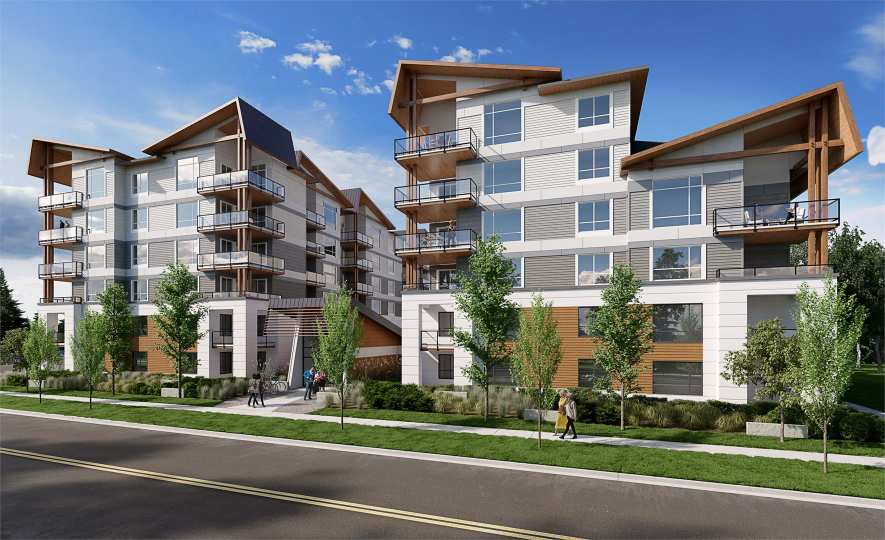 Front view of new condo building in delta bc called Delta Gardens