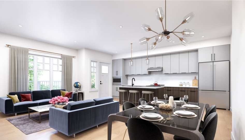Rendering of living room & kitchen of Sophia Living development - Port Moody new condos