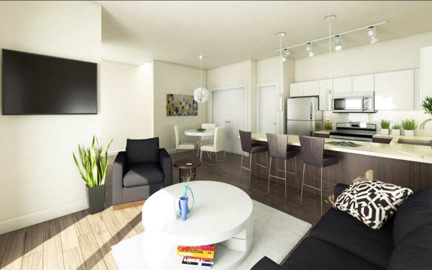 Rendering of living area at Parkview Burnaby