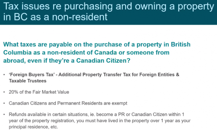 Tax issues re purchasing and owning property in BC as non-resident