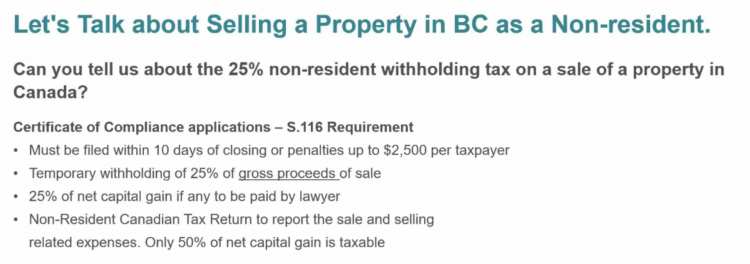 selling property in BC non-residents - Let's talk about selling a property in BC as a non-resident. Can you tell us about the 25% non-resident withholding tax on the sale of a property in Canada?  
