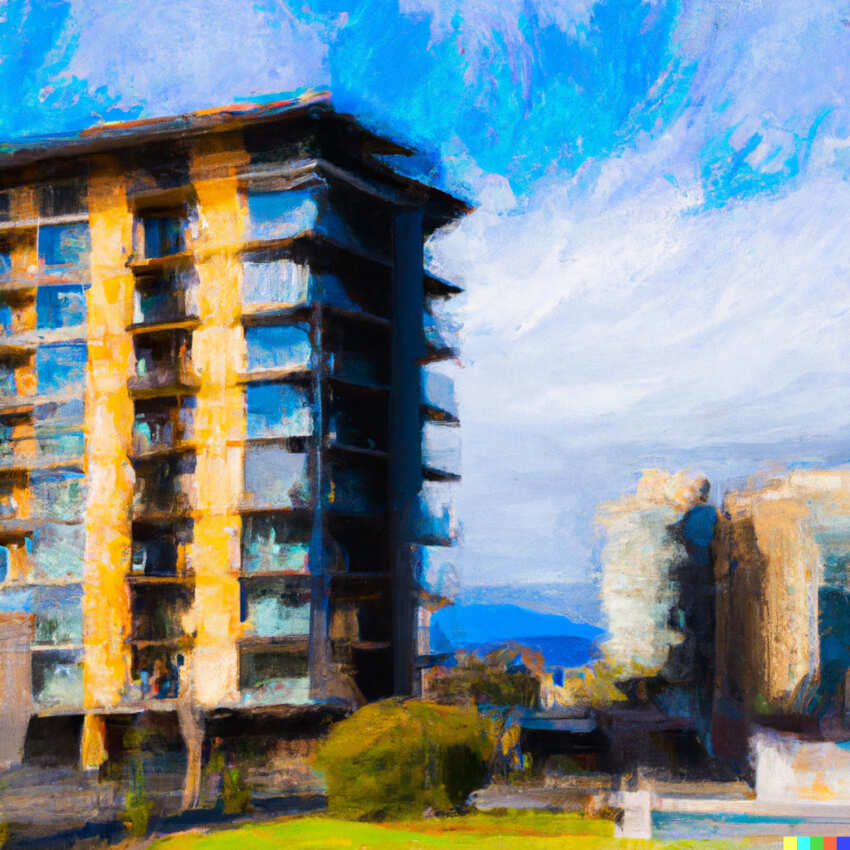 This is an impressionistic image of Langley highrise presales. We can help with a new Langley Skytrain presale or any other new home in the area including any Langley townhouse presale currently or soon to be available.