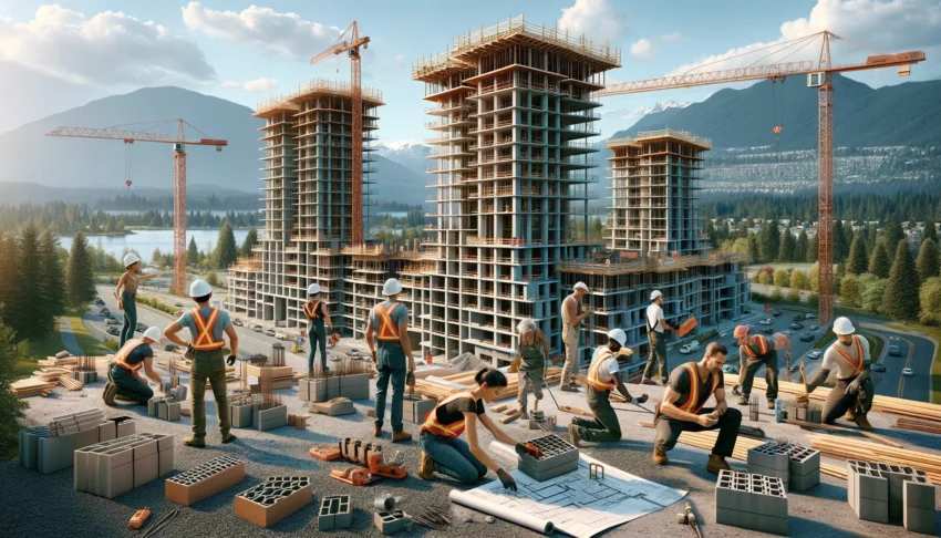 This is an image of presale condos Coquitlam being constructed with views of the region in the background. Coquitlam new condos are available in a variety of sizes and confirgurations.