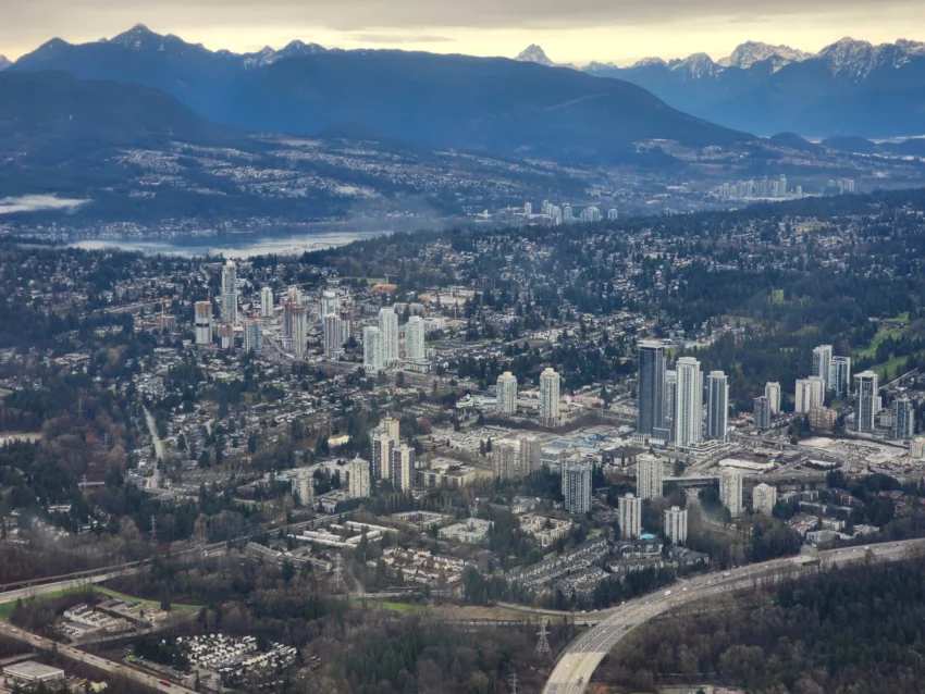 This is an aerial photo of any area with lots of Coquitlam presale condos taken by Mike Stewart Realtor for Vancouver New Condos on December 13, 2023  